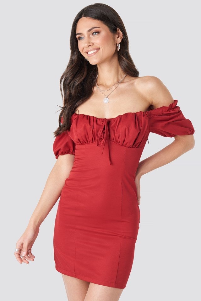 asics Tie Front Off Shoulder Mini Dress Red