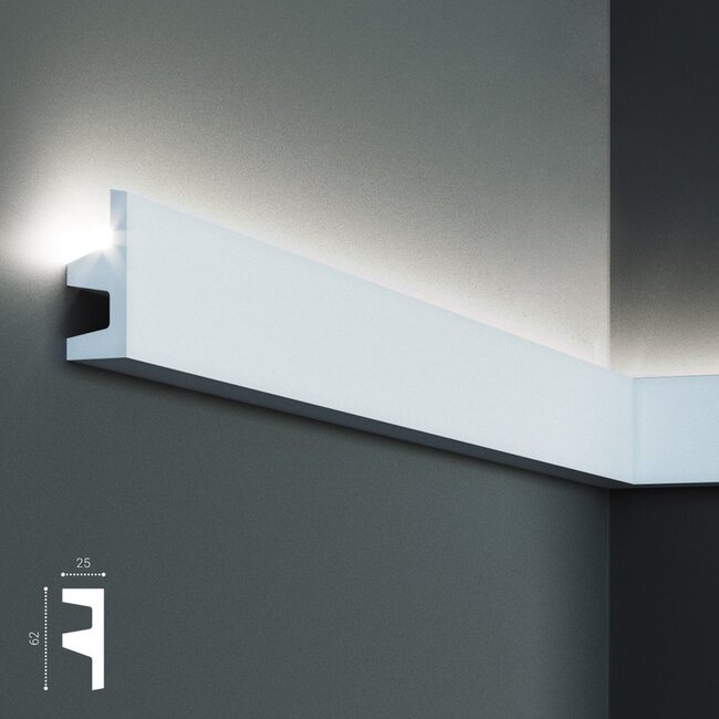 Tesori Polyurethane LED moulding for indirect lighting, KF501 (62 x 25 mm), length 2 m