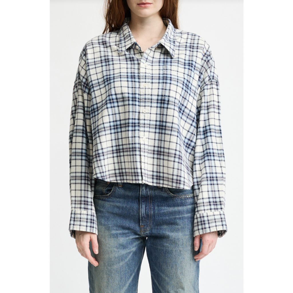 Denimist cropped blouse in ecru/light blue plaid