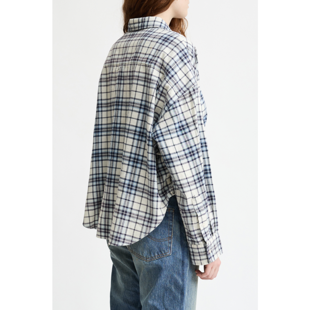 Denimist cropped blouse in ecru/light blue plaid