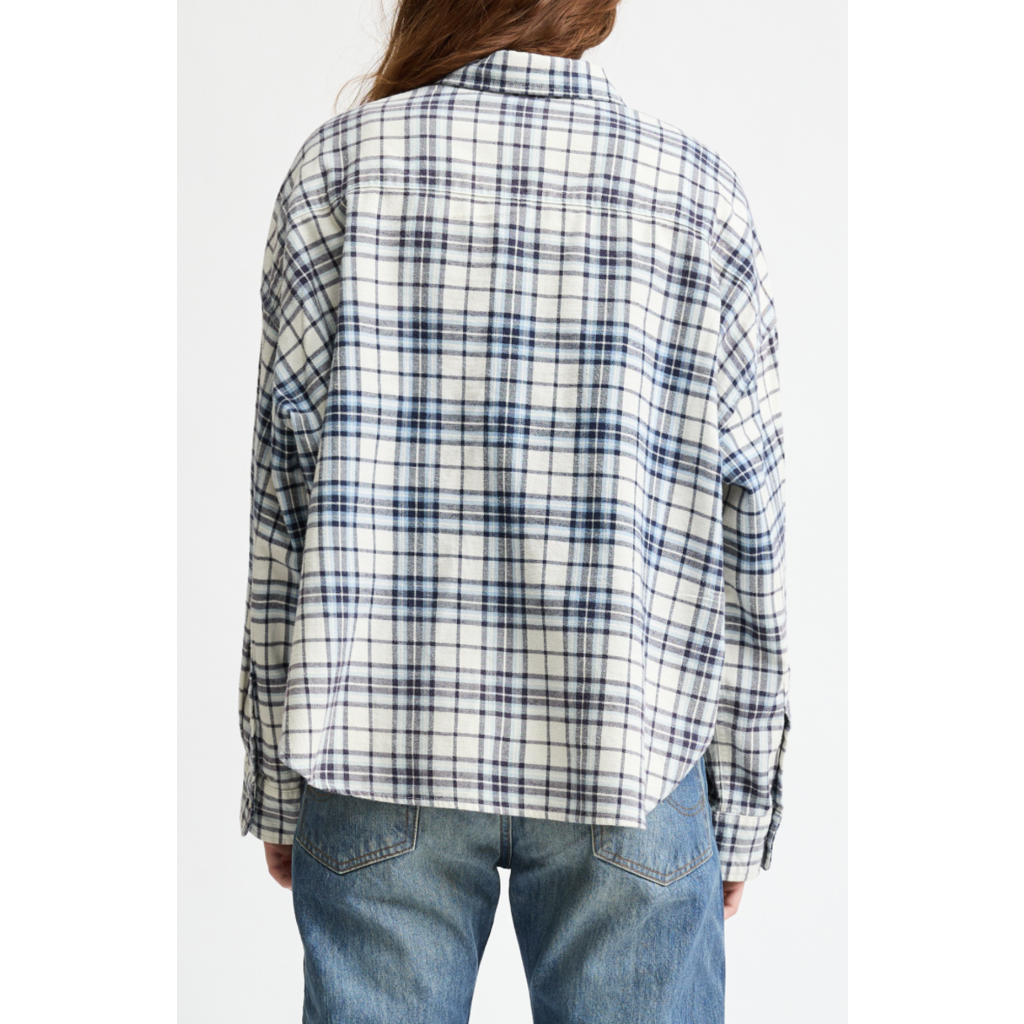 Denimist cropped blouse in ecru/light blue plaid