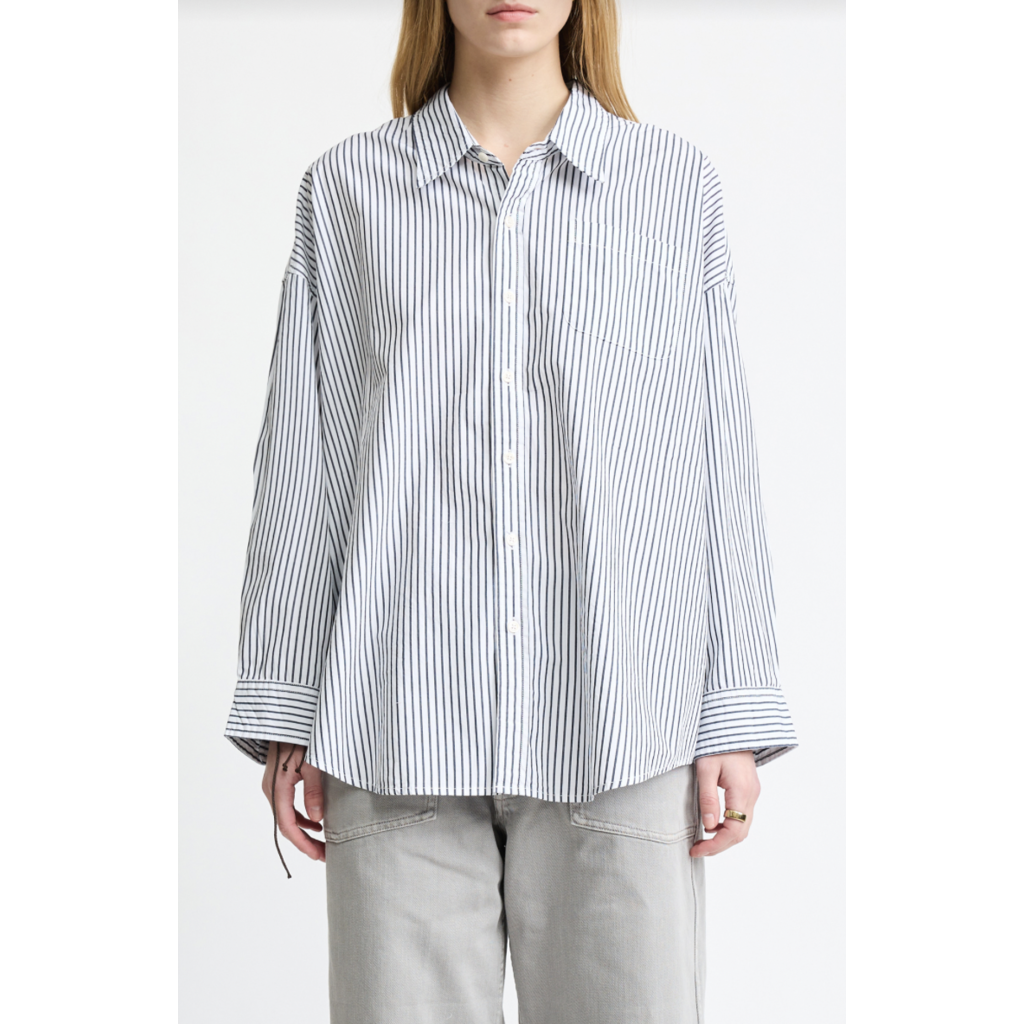 Denimist button front blouse in navy on white stripe
