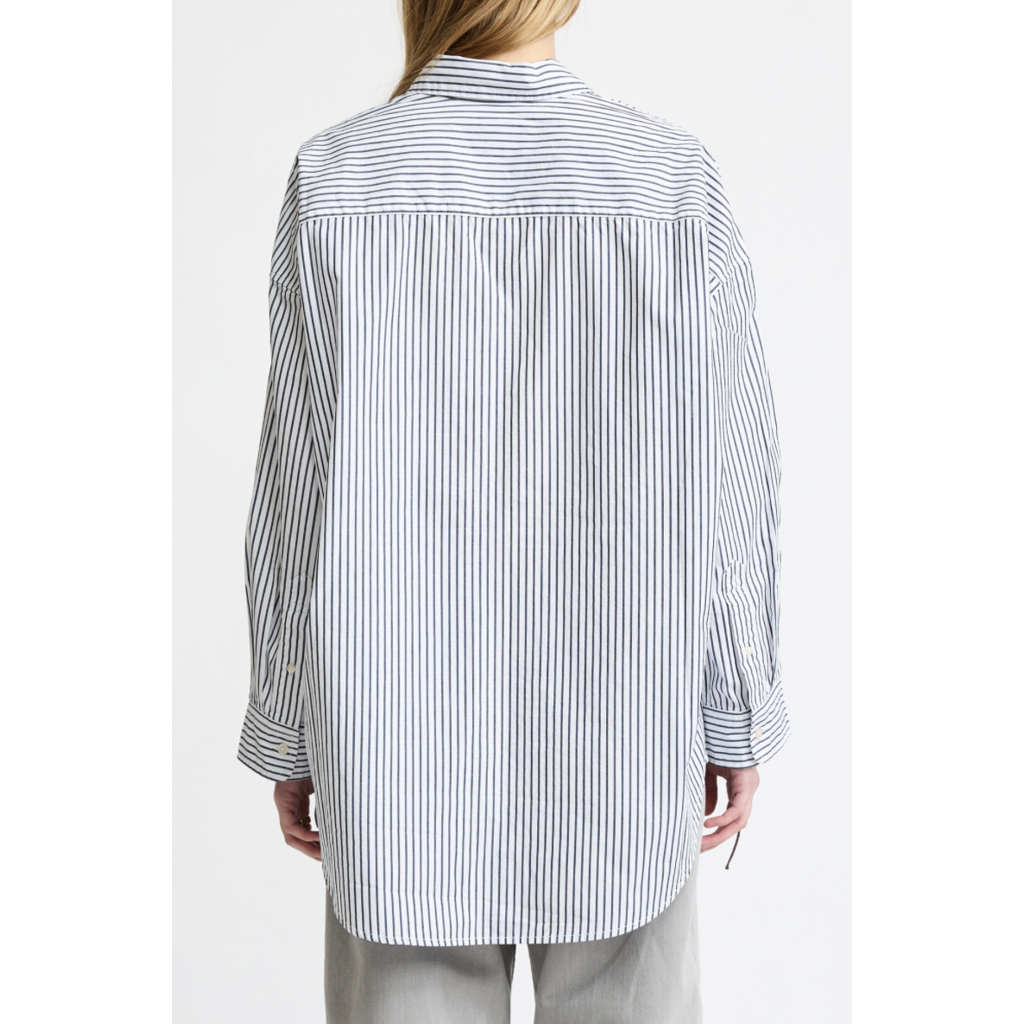 Denimist button front blouse in navy on white stripe