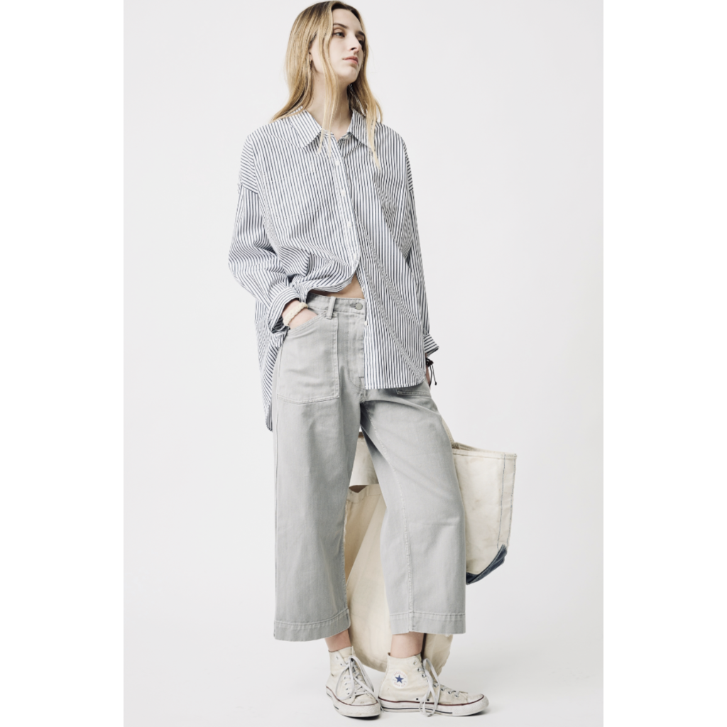 Denimist button front blouse in navy on white stripe