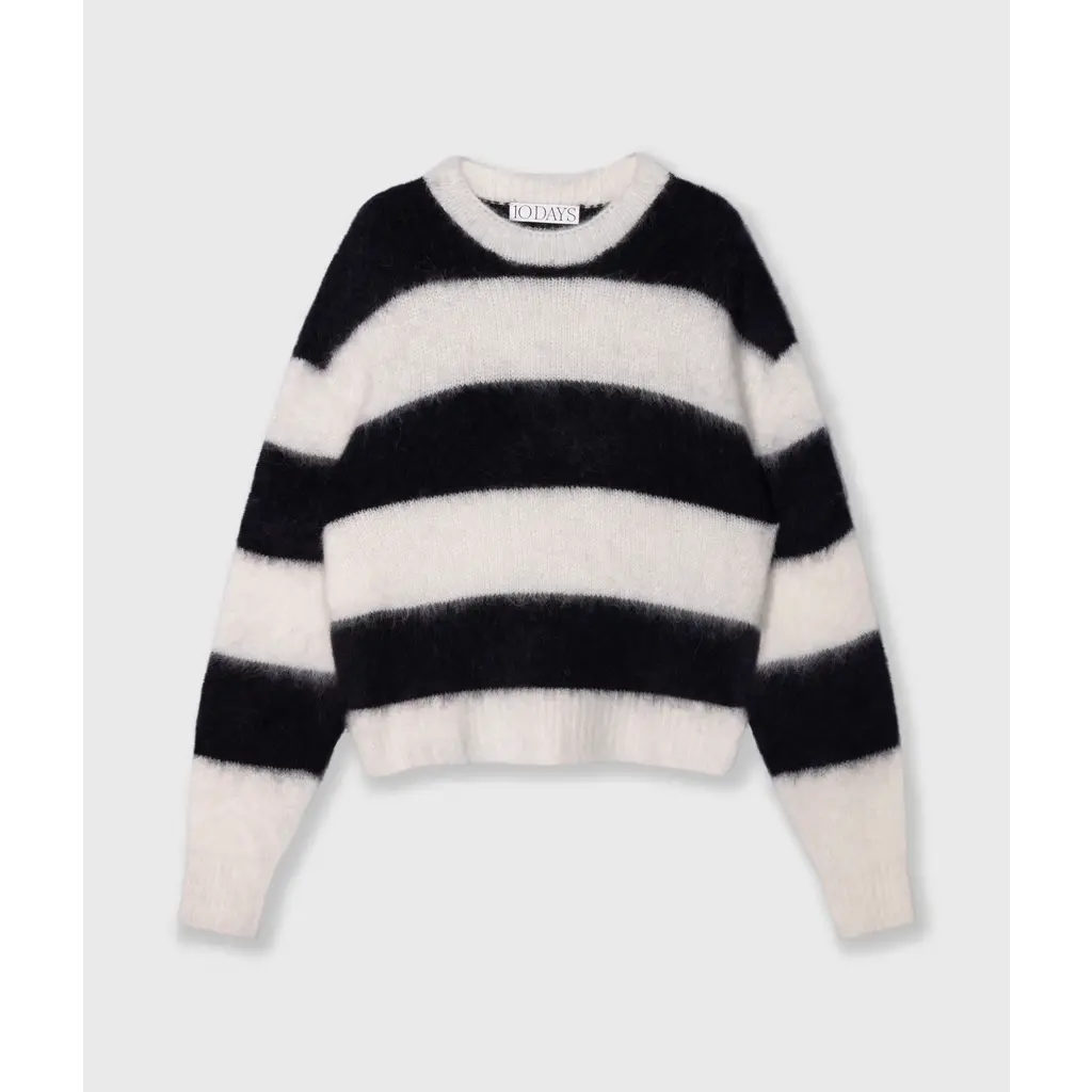10 Days trui "Crop Hairy Knit Stripe" in ecru/black