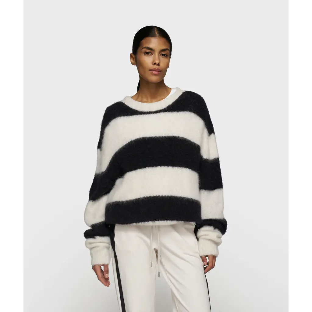 10 Days trui "Crop Hairy Knit Stripe" in ecru/black