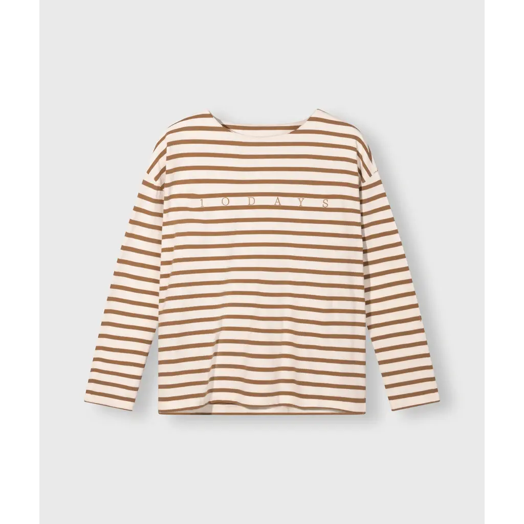 10 Days t-shirt boat neck stripe in ecru/suede