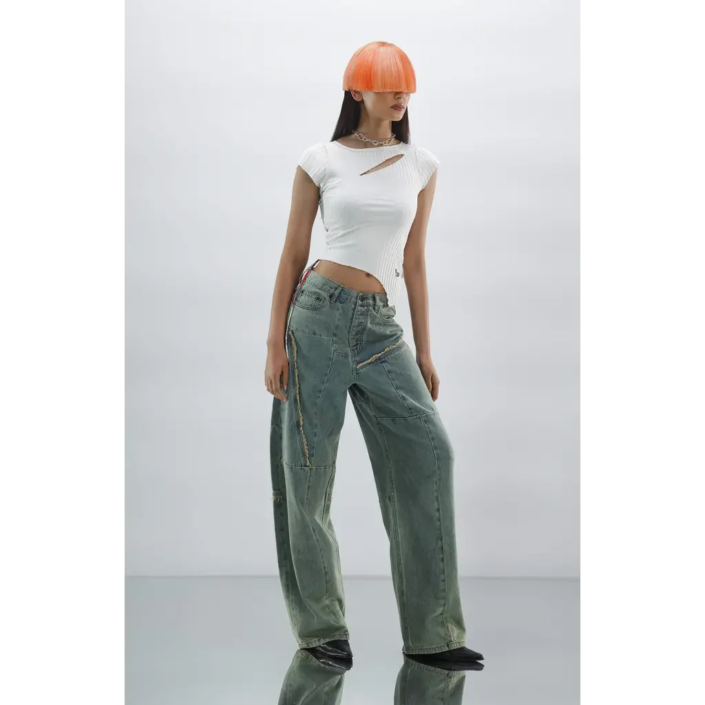 1/OFF baggy patched jeans in sand washed