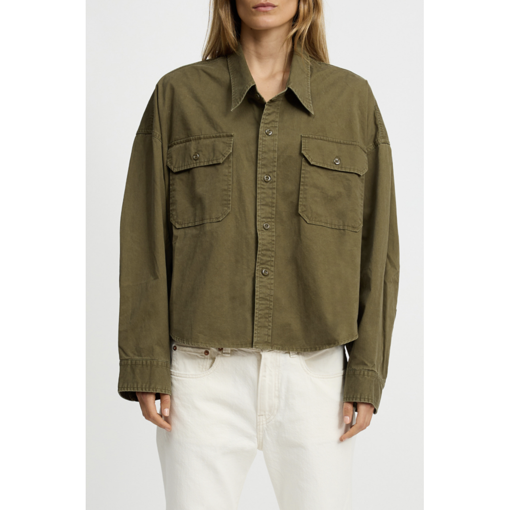 Denimist cropped utility blouse in olive green