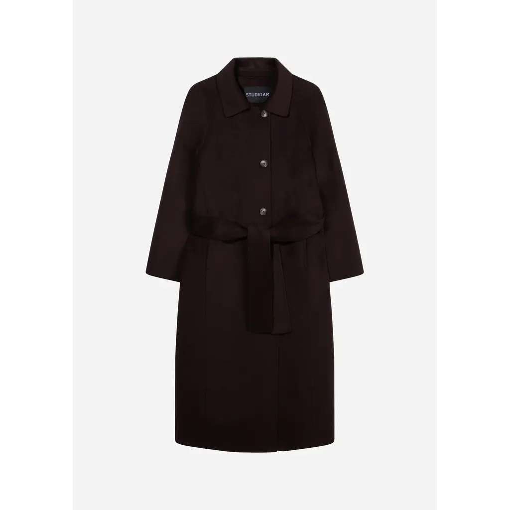 Studio AR Joy Belted Wool Coat in dark brown