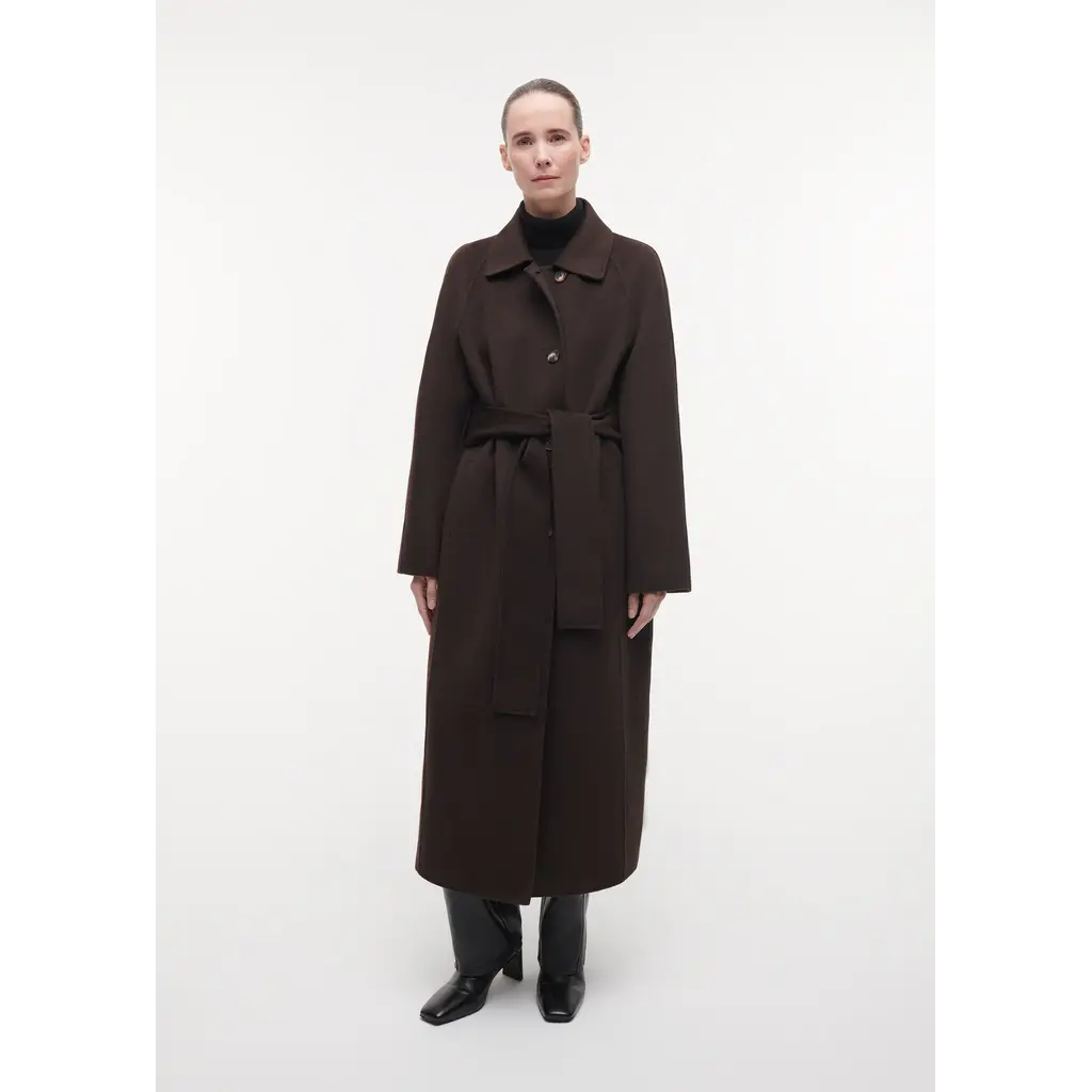 Studio AR Joy Belted Wool Coat in dark brown