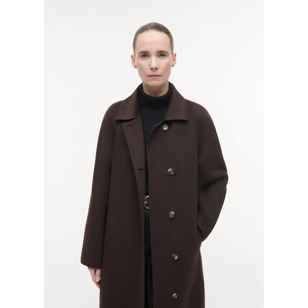 Studio AR Joy Belted Wool Coat in dark brown