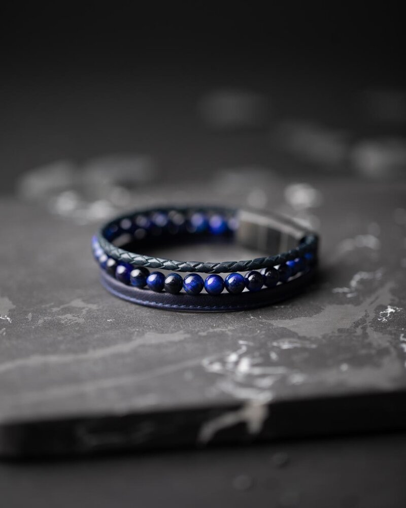 Bracelet Triple Cuir & Pierre d'Œil de Tigre Bleu - Gemini - Hopono