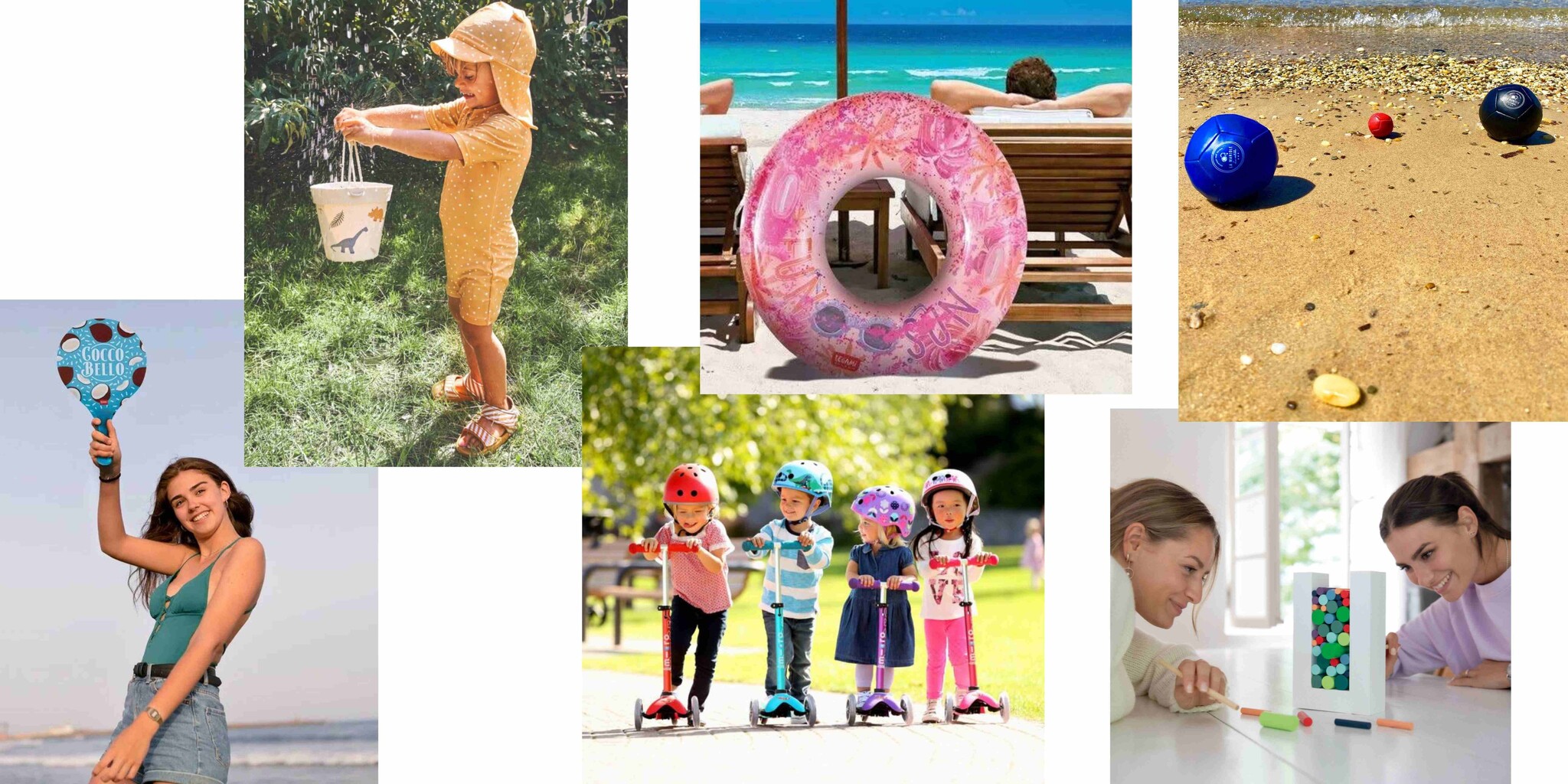 Un petit enfant et une jeune fille, ainsi que des gens pratiquant des activités en extérieur.