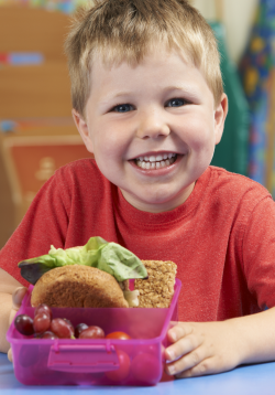 Un jeune enfant avec une boîte pour manger son repas.