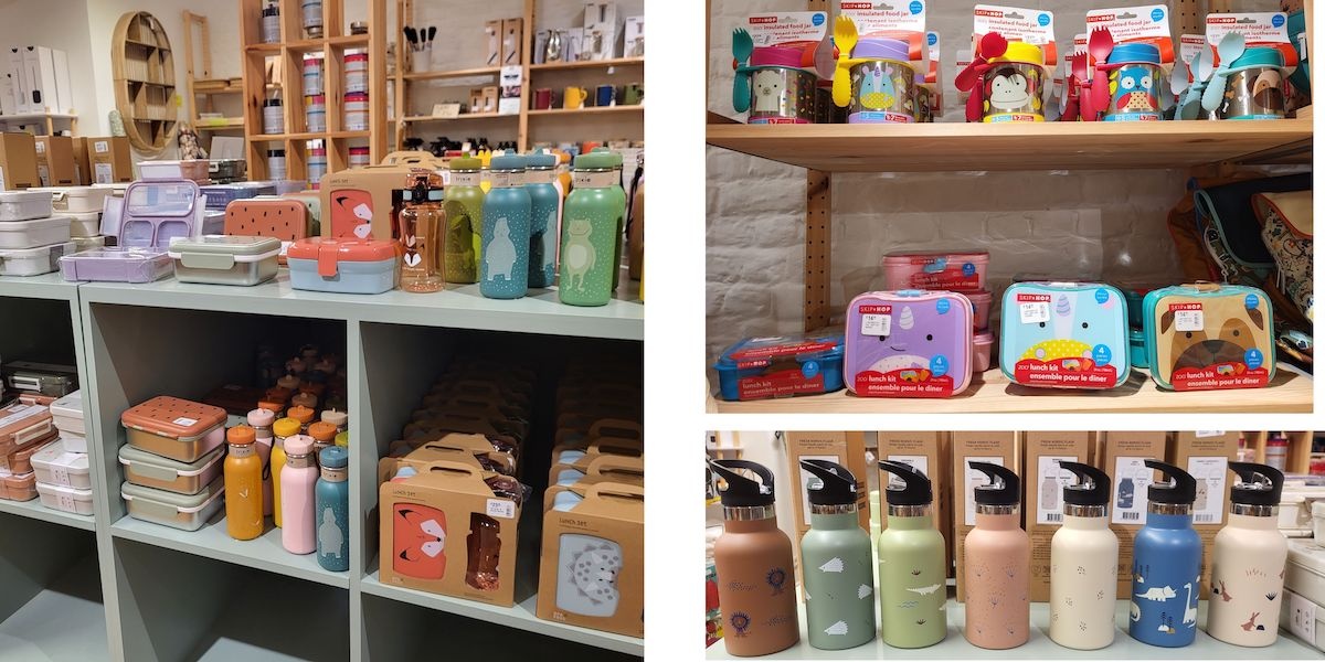 Le rayon enfant, de chez Hopono, proposant des gourdes, des boîtes à lunch et des sacs pour le transport des repas.