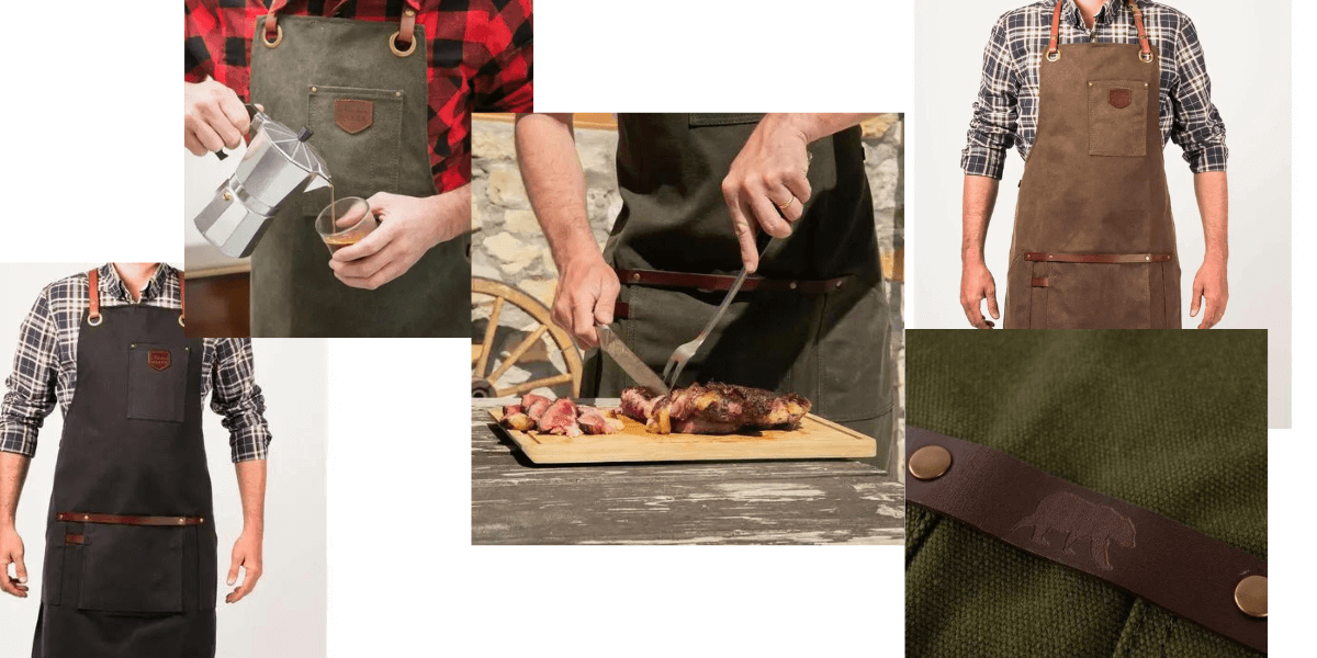 Montage featuring Alaskan Maker's wax-treated aprons