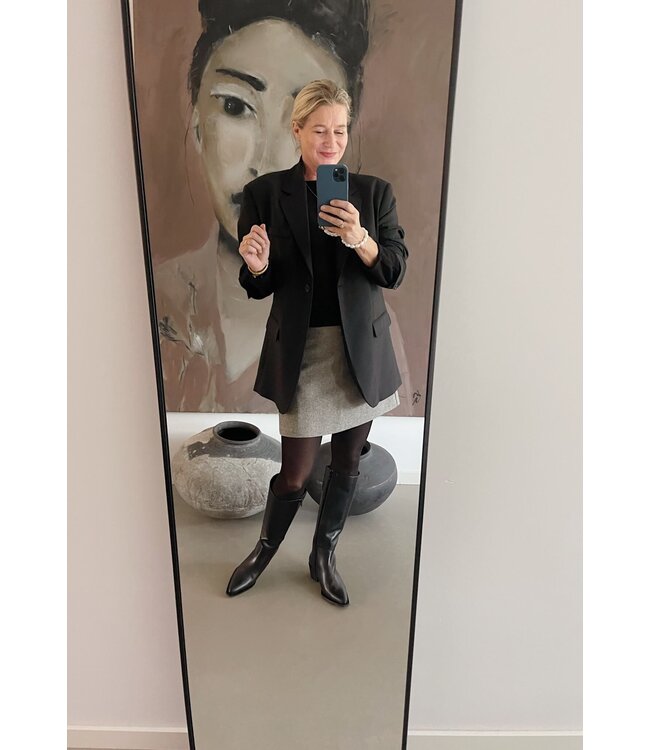 mini skirt with boots and blazer