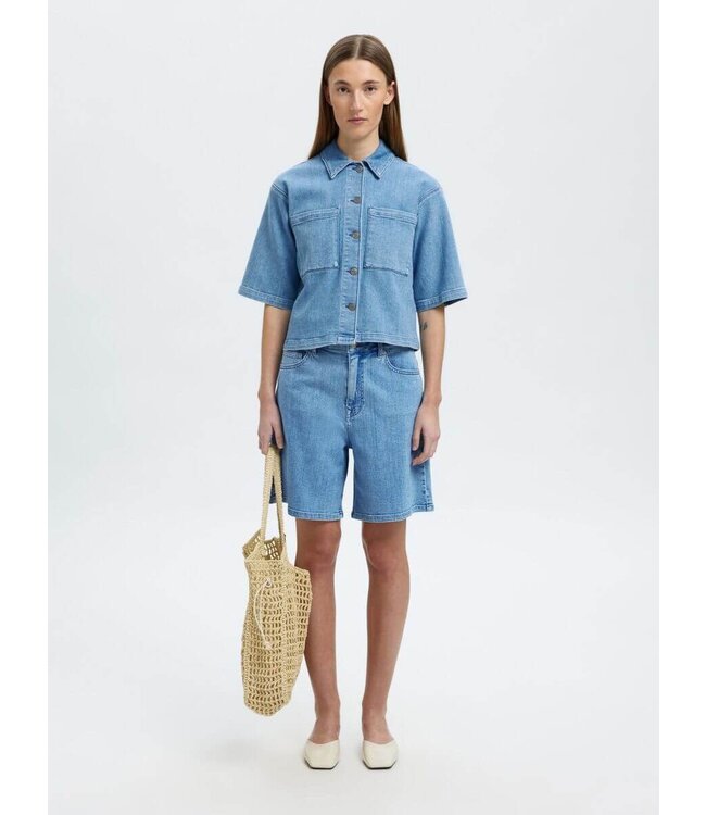 Slfanya pleat denim short - Light denim blue