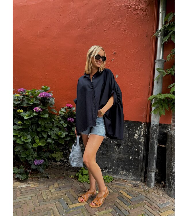 Wide Button Blouse - Navy Blue