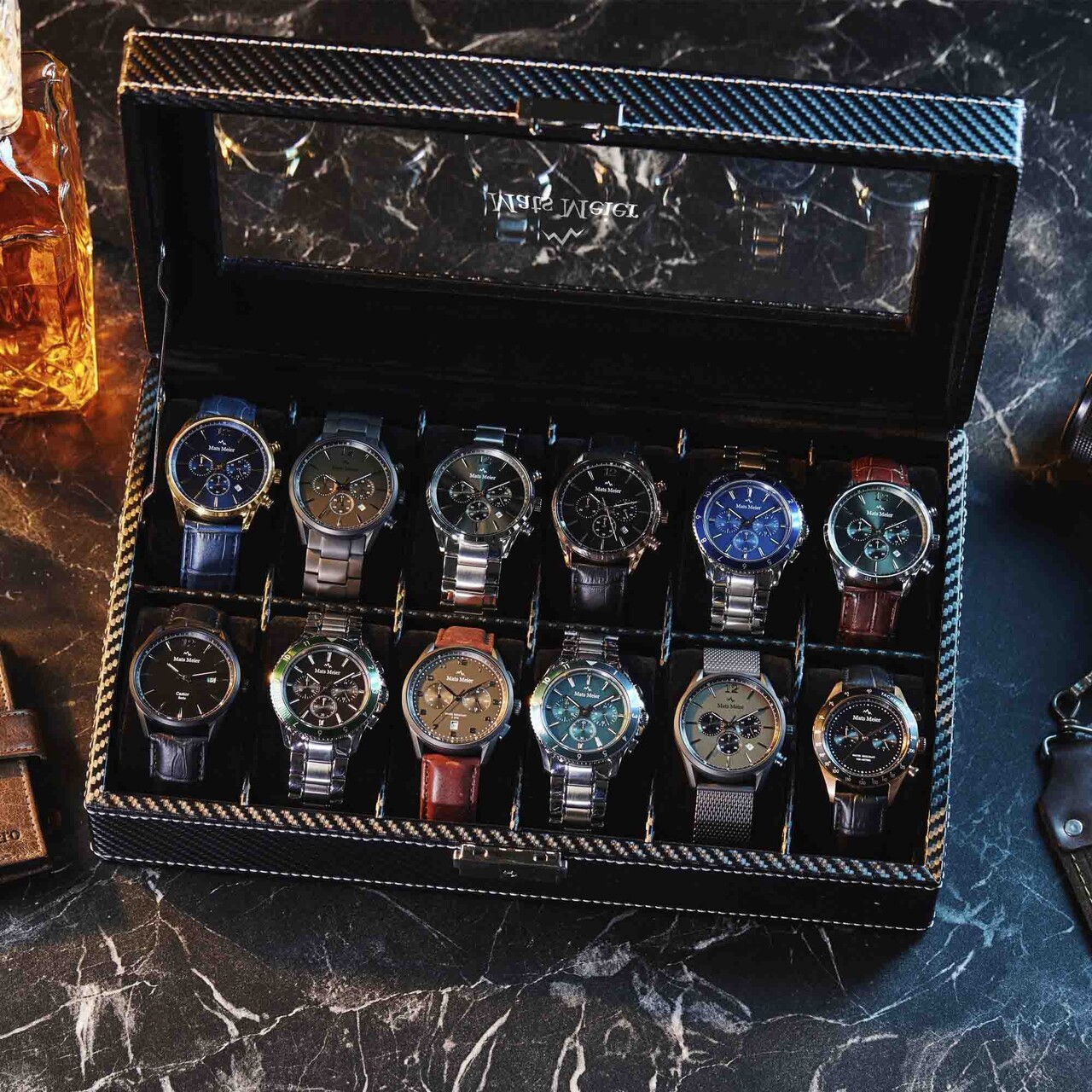 Mats Meier horlogebox zwart 12 horloges MM Watchbox 1909