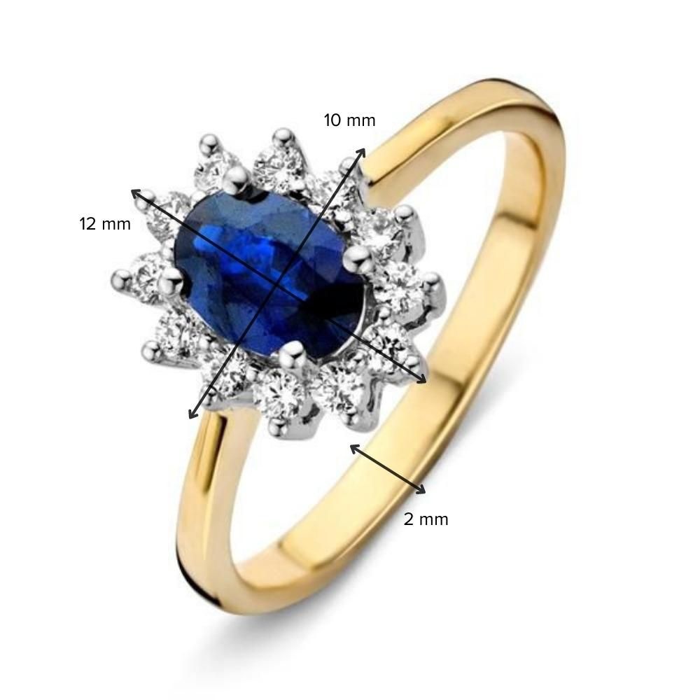 Gouden vintage stijl ring met blauwe saffier en diamant 0.04 crt bloem |  Mostert Juweliers