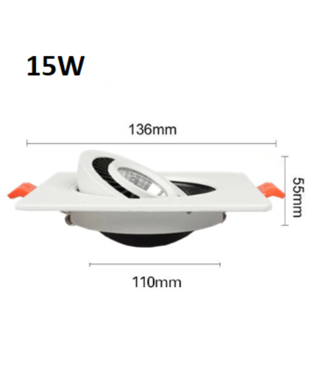 Inbouwspot zaagmaat 110mm wit of zwart dimbaar vierkant kantelbaar 15W LED