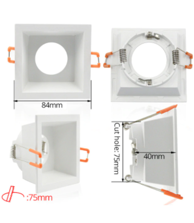 Spot encastrable carré GU10 blanc diamètre perçage 75 mm x 75 mm