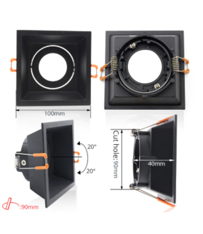 Vierkante inbouwspot zwart  GU10 boorgat 90 x 90 mm richtbaar