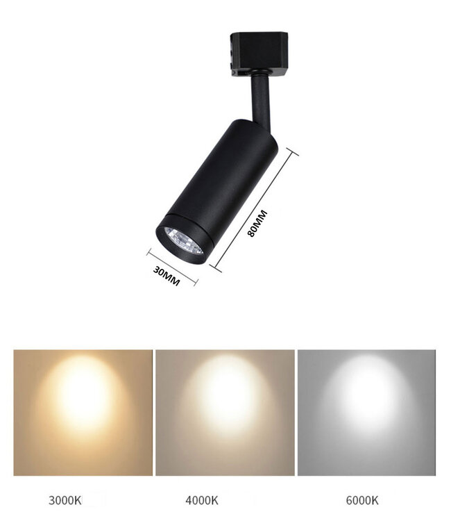 Railspot cilinder mini 7W zwart of wit dimbaar 1 fase of 3 fase