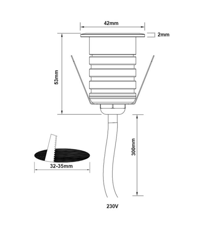 12V inbouwspotje (ook 24V) grijs zaagmaat 32mm IP67 buiten