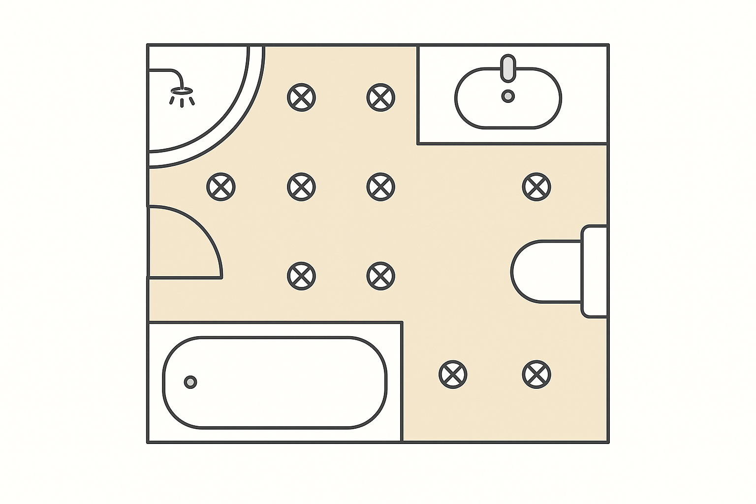 répartition de spots encastrables dans une salle de bain de 9m²