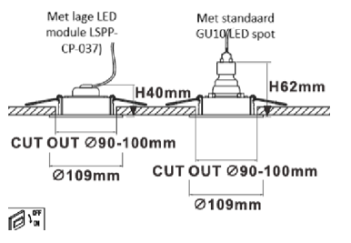 Inbouwhoogte GU10 inbouwspot met standaard LED spot of lage led module