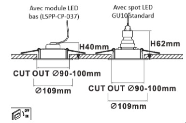 Hauteur totale spot encastrable GU10 avec spot LED standard ou module led bas