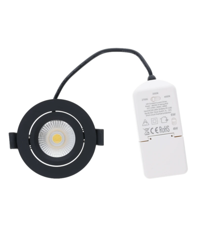 LED inbouwspot badkamer IP65 kantelbaar zwart 4W/6W Ø 75 mm CCT