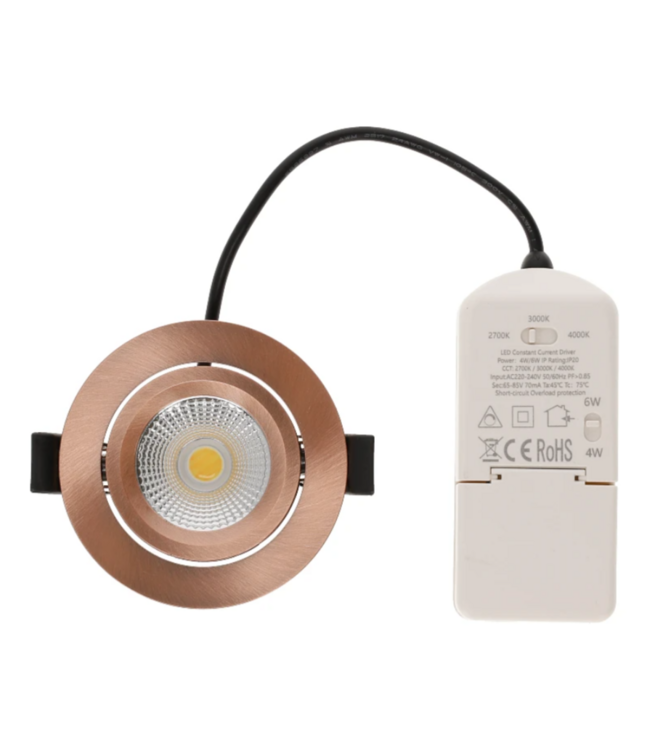 Inbouwspot koper 4W/6W IP65 CCT zaagmaat 68mm richtbaar