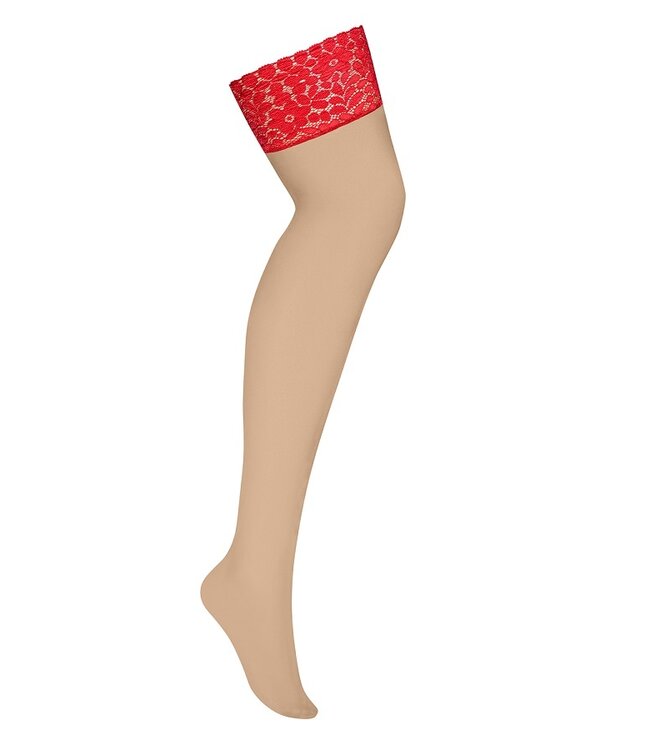 Obsessive Huidkleurige Kousen met Rode Rand.
