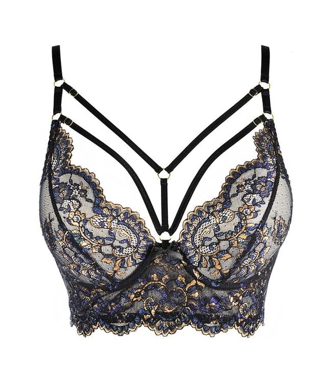 Axami Zwarte longline bh met blauw en goud stiksel