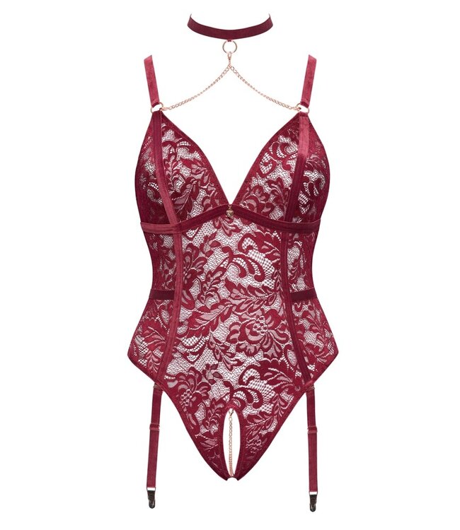 Cotelli Body bordeaux met jarretels en choker