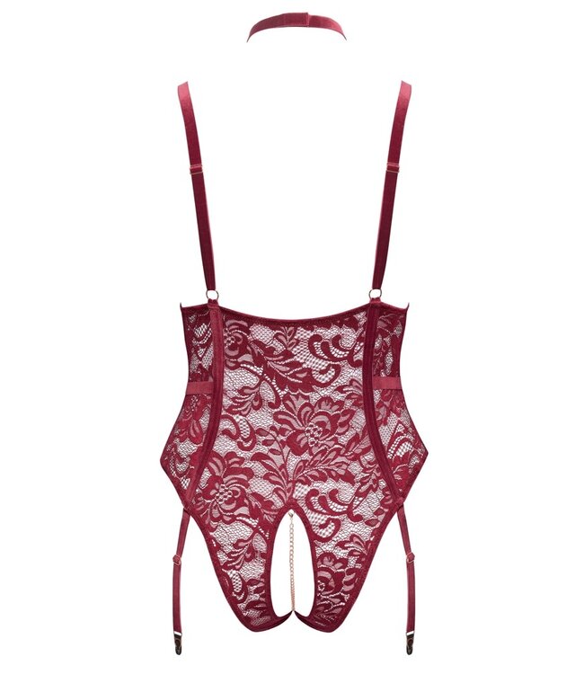 Cotelli Body bordeaux met jarretels en choker