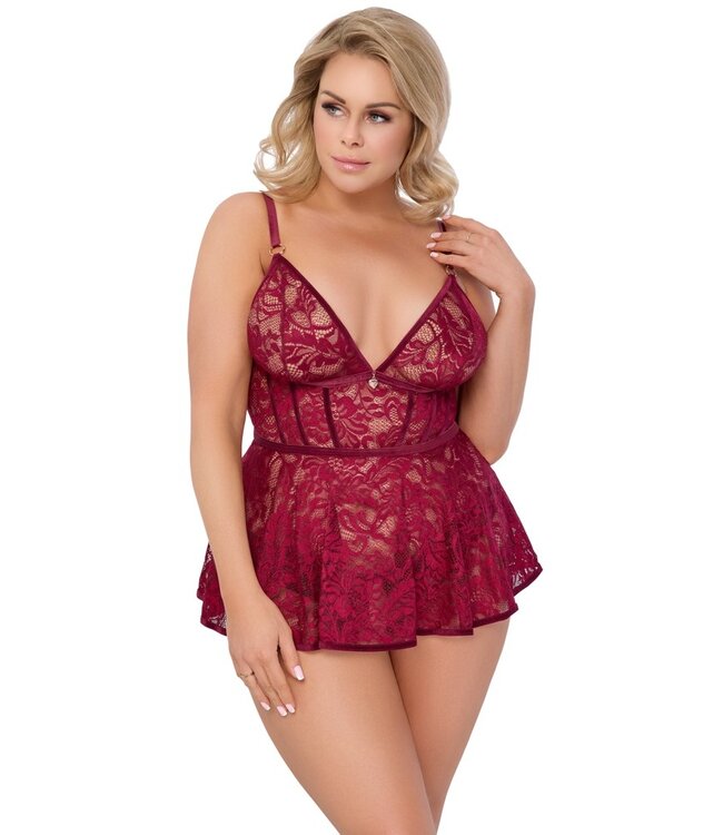 Cotelli Babydoll bordeaux met open kruis slipje