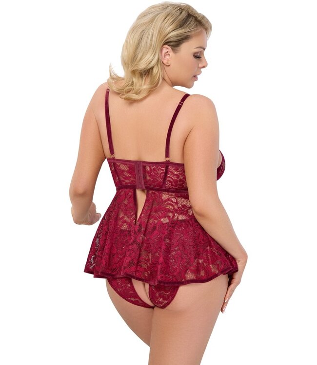 Cotelli Babydoll bordeaux met open kruis slipje
