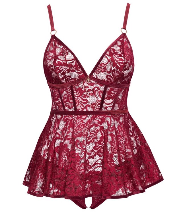 Cotelli Babydoll bordeaux met open kruis slipje