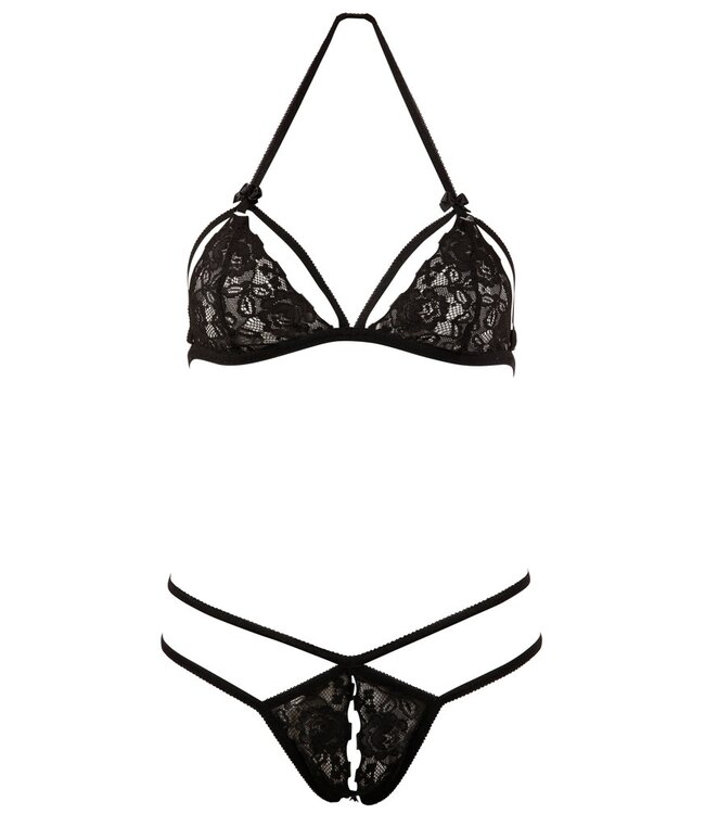 Cottelli Kanten Set Cottelli LINGERIE – Zwarte Halterneck BH en String, Maat S