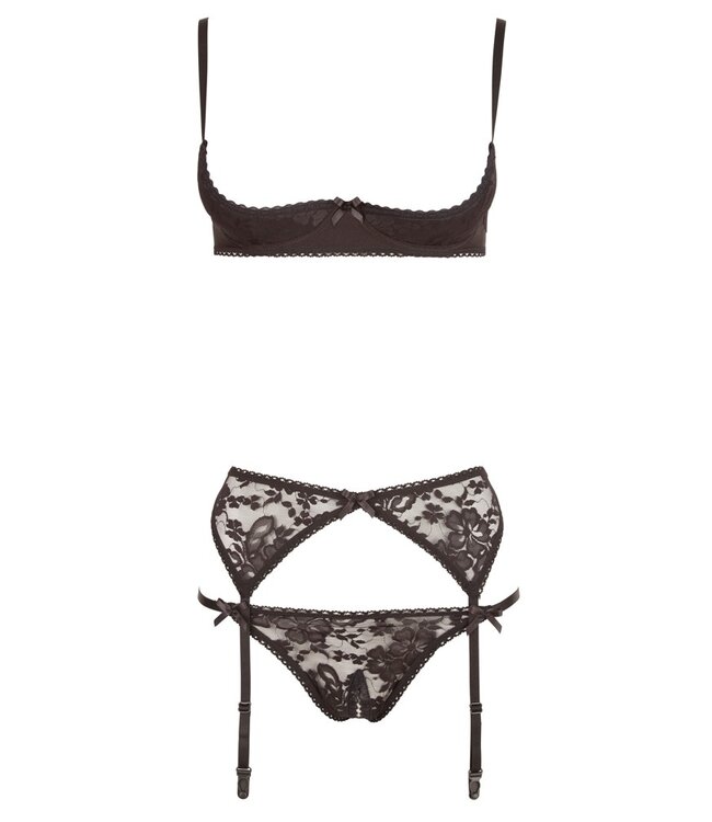 Cottelli Kwart Cup Set Cottelli LINGERIE – Zwarte Kanten Lingerieset met Jarretelgordel, Maat 75B/S