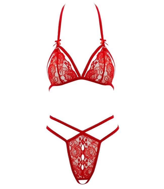 Cottelli Kanten Set Rood Cottelli LINGERIE  Halterneck BH en Ouvert String, Maat S