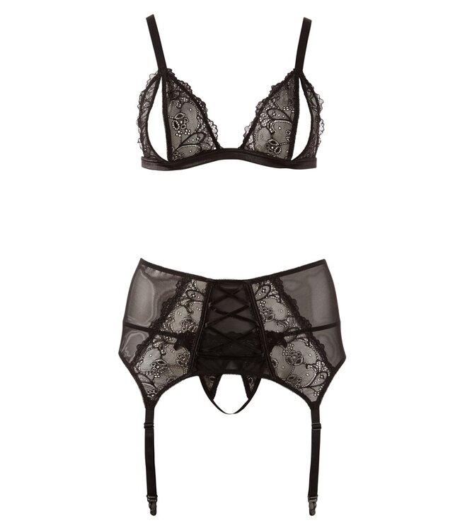 Cottelli BH en Strapsgordel Set Cottelli CURVES  Zwarte Kanten Set met String, Maat XL