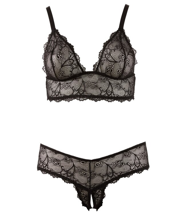 Cottelli BH en String Cottelli CURVES  Zwarte Kanten Set zonder Sluiting