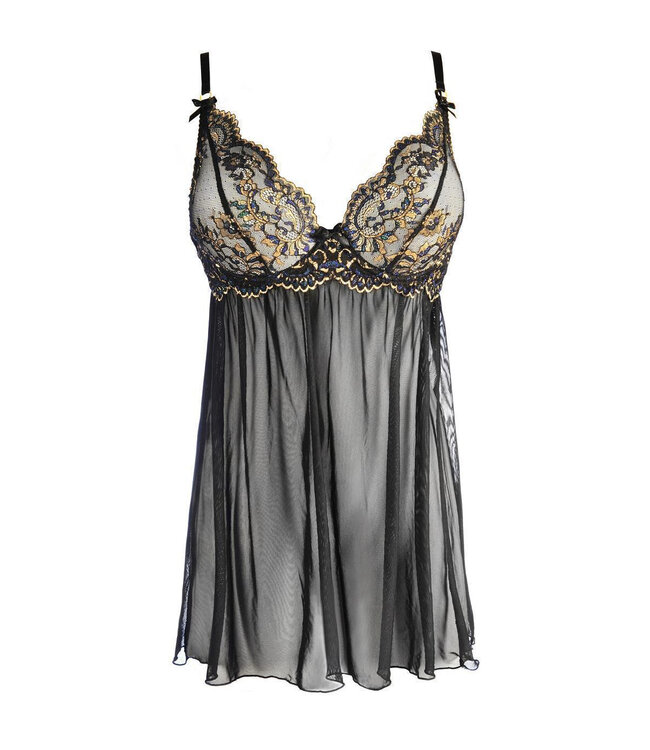Axami Axami - Babydoll met bijpassende string in zwart bauw en goud