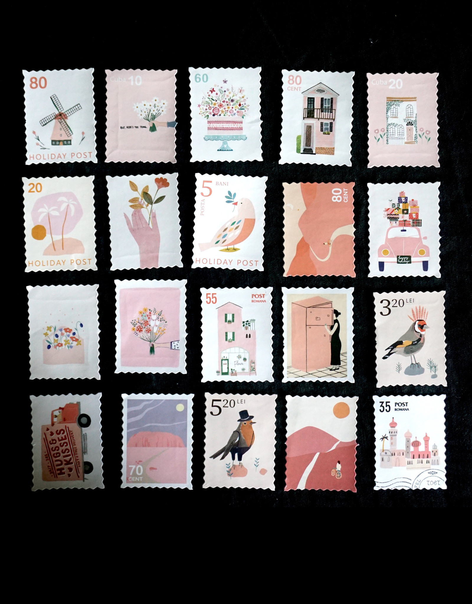 Dekorative Briefmarken-Sticker ROSA  (25 Stück)